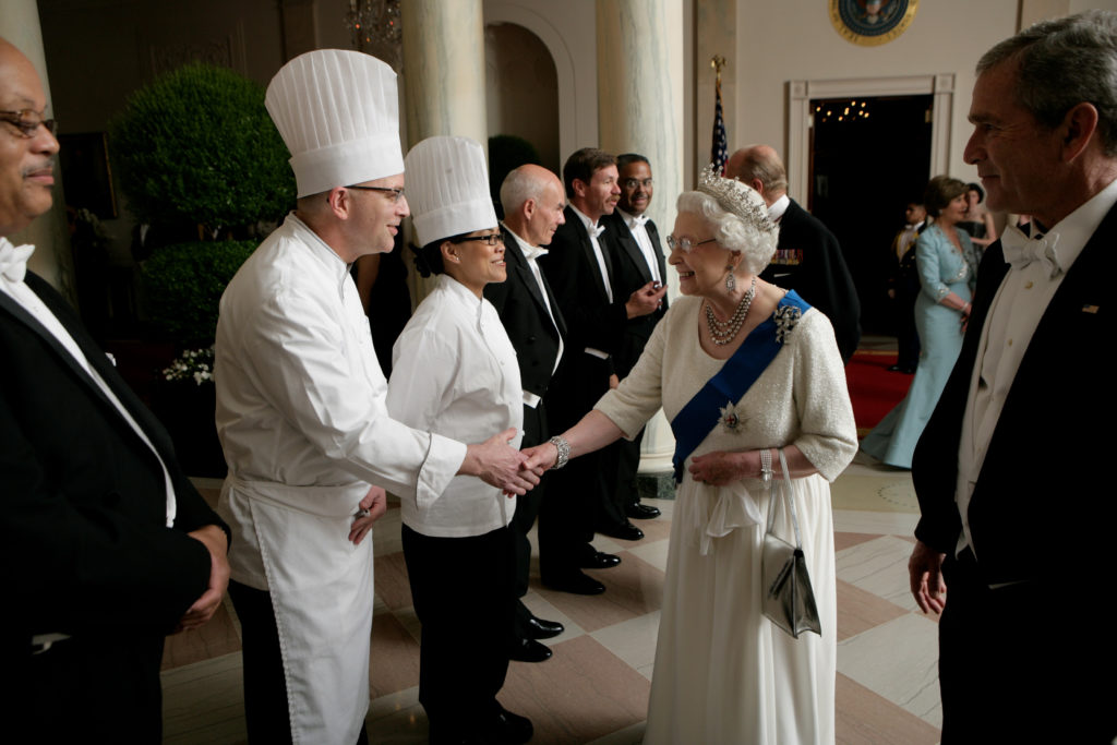 White House waitstaff greeting Queen Elizabeth