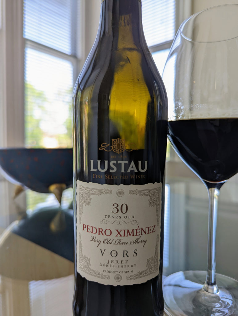 Two wine glasses and a Bottle of EMILIO LUSTAU 30 Year Old PEDRO Ximénez VORS